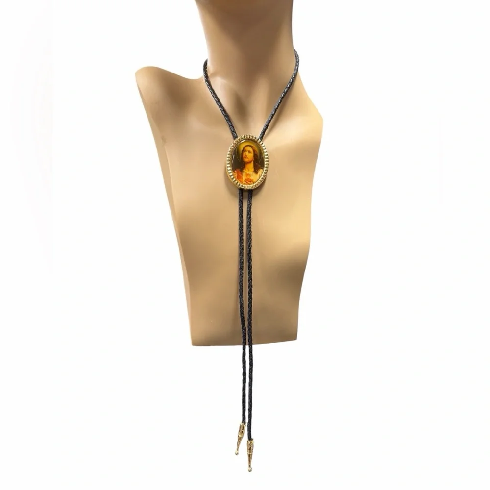 Bolo Tie Goldtone Framed Jesus Goldtone Metal Decorative Tips Black Cord